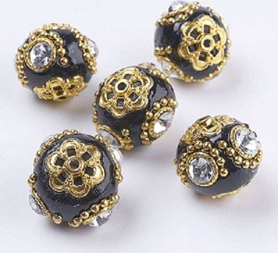 Kingsley-hobby.com Handgemaakte Indonesische kralen zwart goud met heldere kristallen ca. 20mm. Per 5 stuks