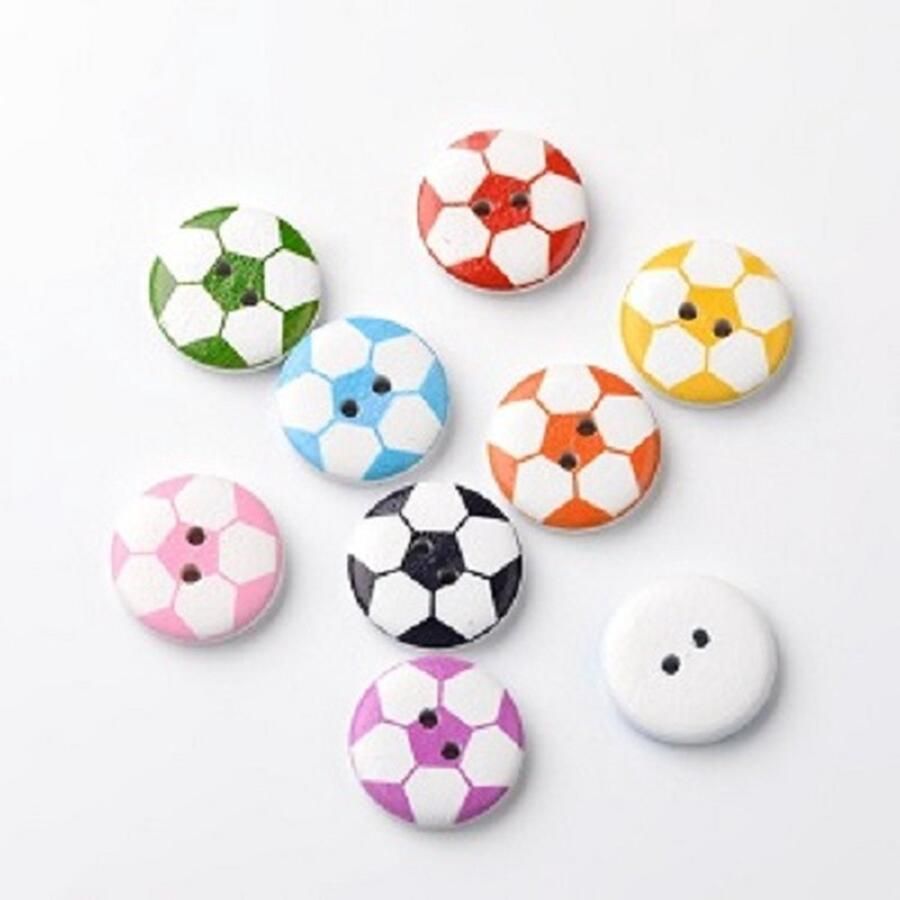 Kingsley-hobby.com Houten knopen met 2 gaten voetballen 20x4mm wit met verschillende kleuren. Verkocht per 100 stuks