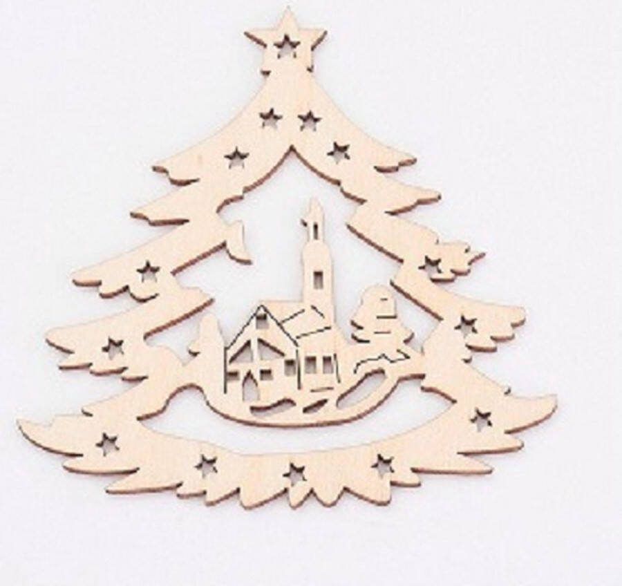 Kingsley-hobby.com Voor Kerstmis: Houten ornamenten (naturel) 99x99x3mm uitgesneden Kerstboom met winterlandschap. Per 20 stuks