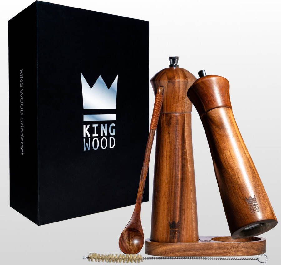 KINGWOOD peper-en zoutmolen set-FSC gecertificeerd-Acacia hout-21 5cm-Kadoverpakking met onderzetter vullepel en reinigingsborstel-Barbecue-BBQ- kerst- sinterklaaskado