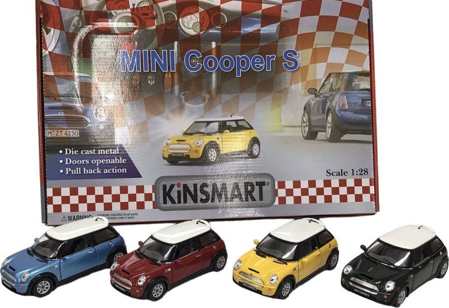Kinsmart Mini Cooper S schaal 1:28 4 kleuren verkoop per stuk Pull-back motor modelauto speelgoedauto