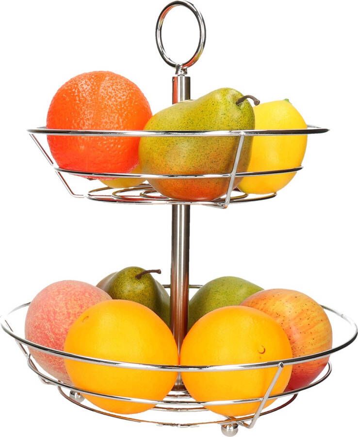 Kinvara Fruitschaal fruitmand 2-laags metaal D26 x H30 cm zilver rond Fruitschalen