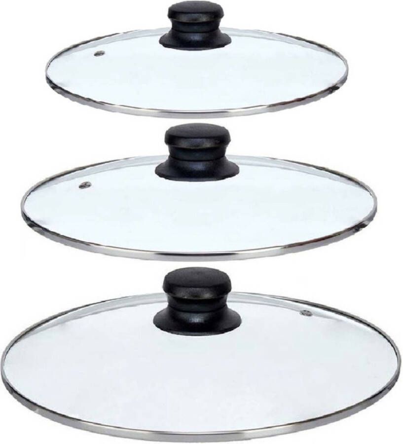 Kinvara Universele pannendeksel set 3x stuks Dia 26 24 22 cm glas stoomgaatje