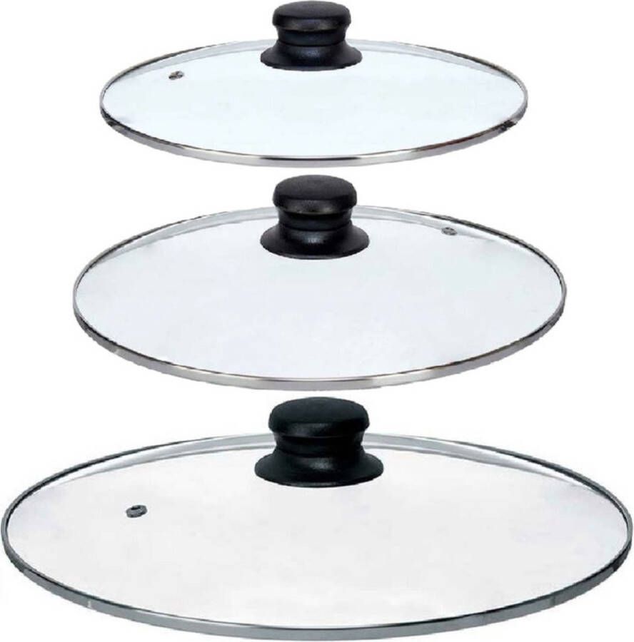 Kinvara Universele pannendeksel set 3x stuks Dia 30 26 24 cm glas stoomgaatje