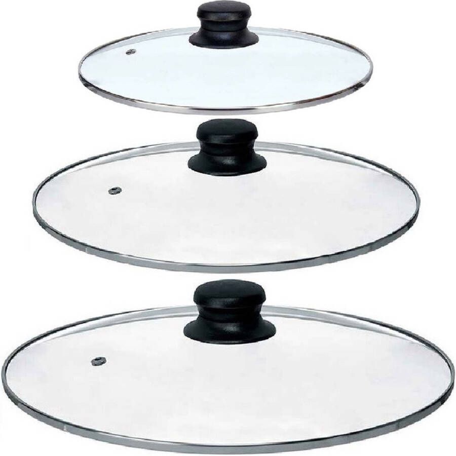 Kinvara Universele pannendeksel set 3x stuks Dia 30 28 24 cm glas stoomgaatje