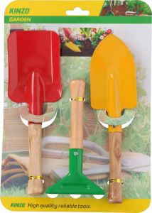 Kinzo Garden Kinder Tuingereedschap Set 3-Delig Handharkje en Twee Schepjes Duurzaam Materiaal Geel Rood Groen