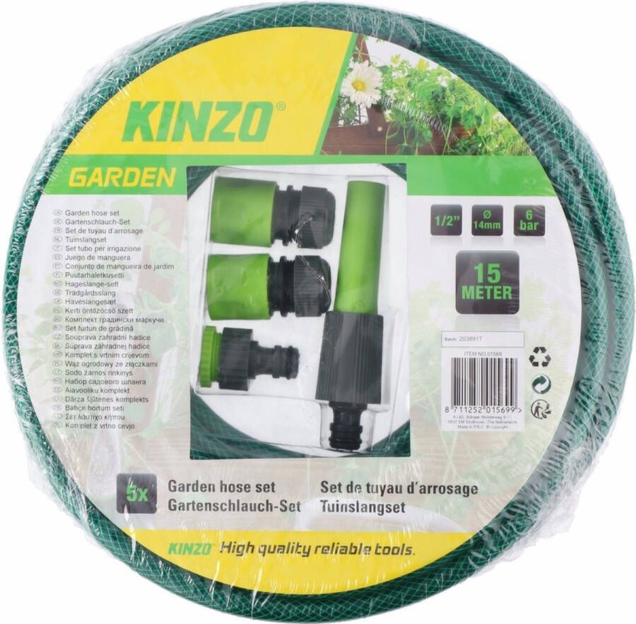 Kinzo Groen zwarte tuinslang met sproeier opzetstukkken set 15 meter
