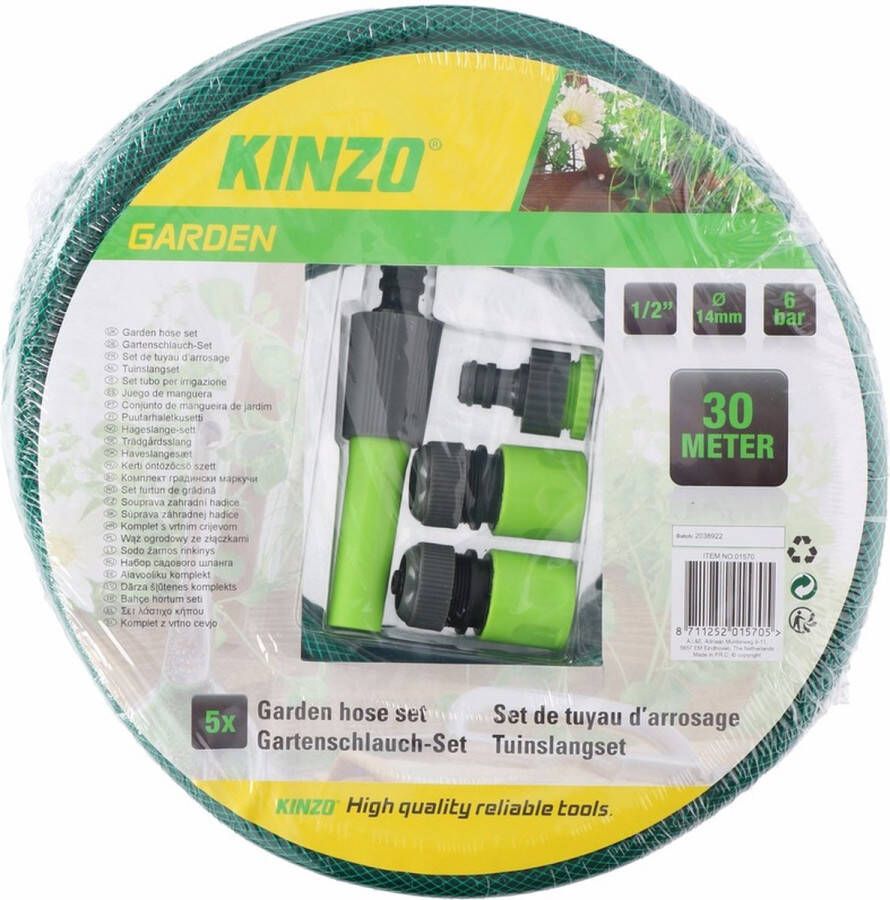 Kinzo Tuinslang 30 meter inclusief 4 stuks opzetstukken sproeikoppen Tuinsproeier set 5-delig