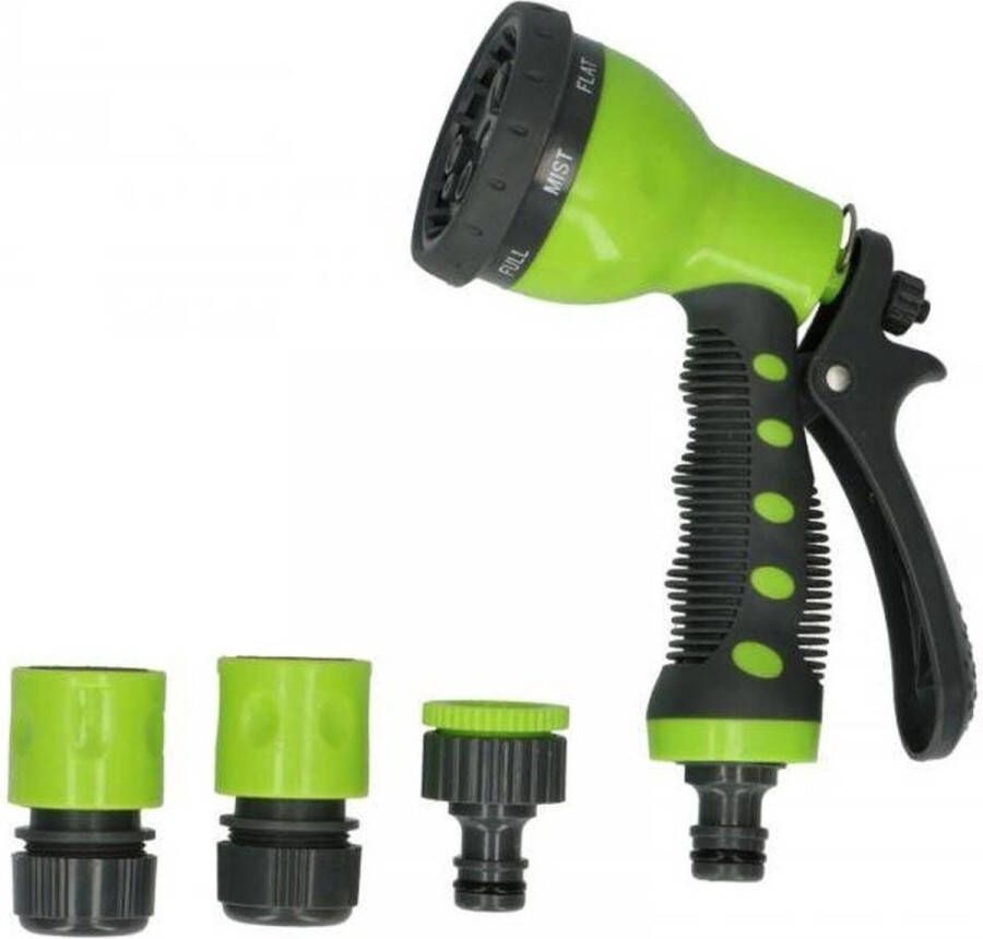 Kinzo Tuinsproeier set 4-delig broeskop sproeipistool met aansluitstukken 16 cm plastic groen zwart