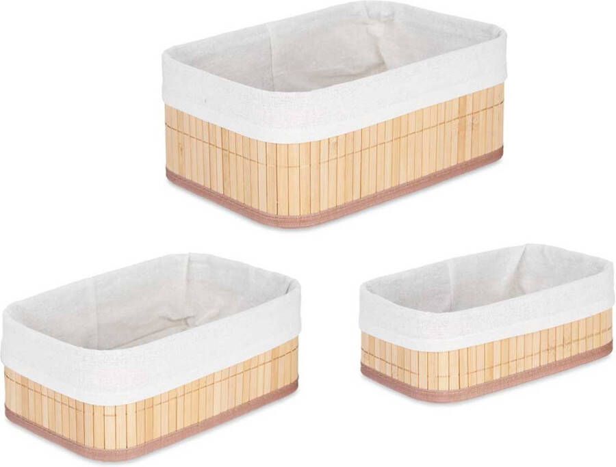 Kipit Badkamer Toilet ruimte opbergmandjes bamboe stof wit set 3x stuks verschillende formaten
