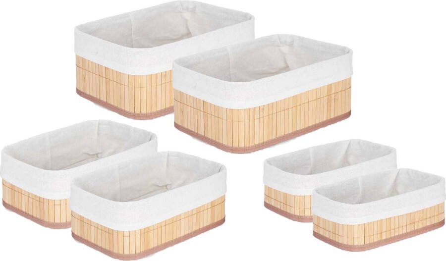 Kipit Badkamer Toilet ruimte opbergmandjes bamboe stof wit set 6x stuks verschillende formaten