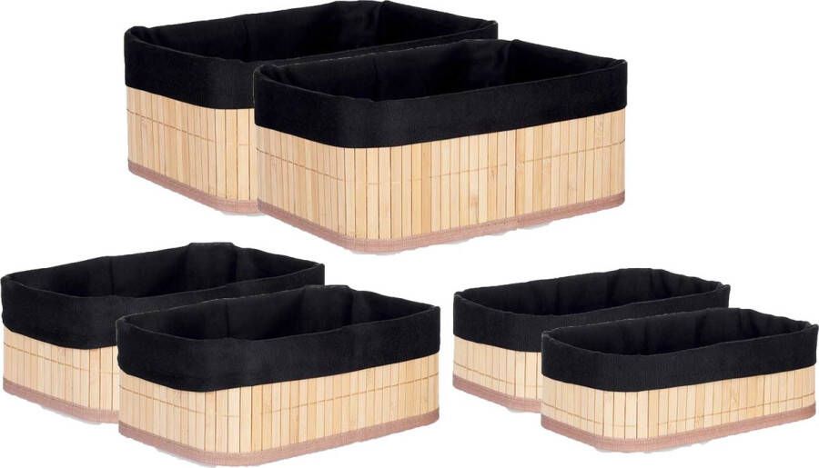 Kipit Badkamer toilet ruimte opbergmandjes bamboe stof zwart set 6x stuks verschillende formaten