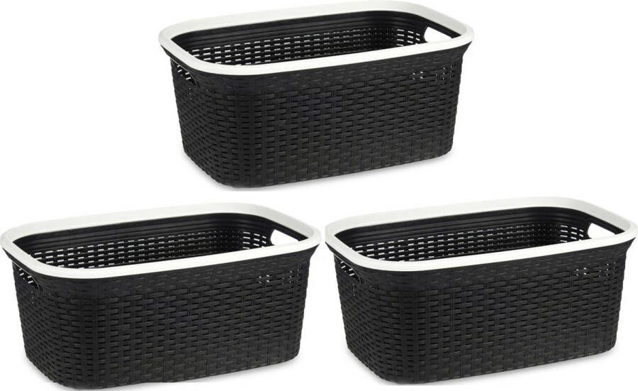 Kipit Wasmand 3x Rotan gevlochten zwart kunststof 36 liter 53 x 36 x 25 cm