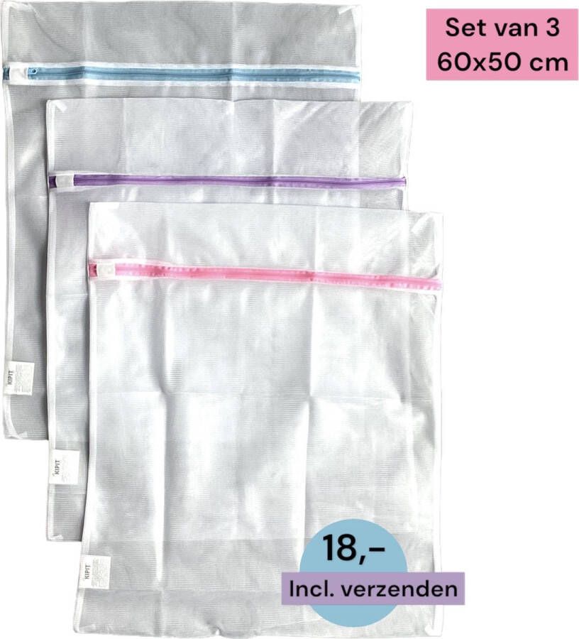 Kipit Wasnet groot met rits Set van 3 60 x 50 cm Inclusief verzenden Grote wasnetten Ritssluiting Wasnetjes Washing Bag Waszakken Waszak Transparant Wit 100% polyester Bescherm je wasgoed en wasmachine