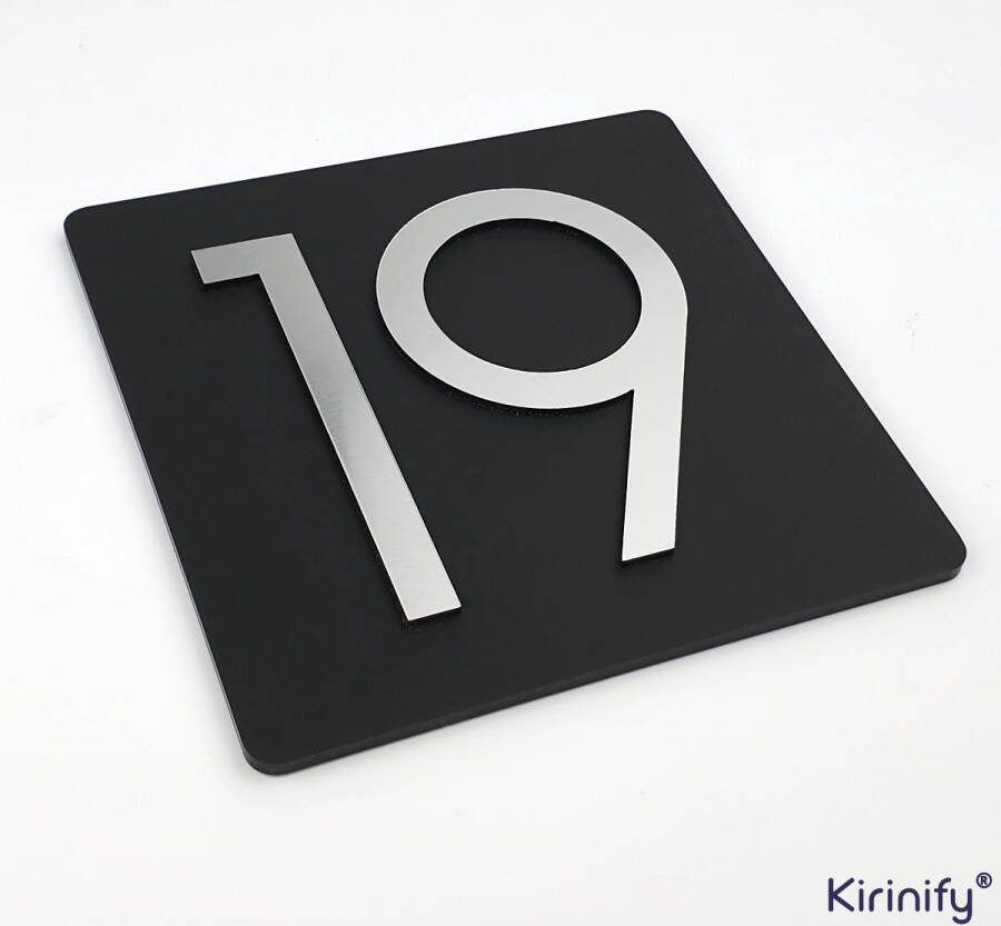 Kirinify 3D Huisnummerbord 12x12cm zwart met RVS Look cijfers Inclusief bevestiging Kies je eigen huisnummer en lettertype