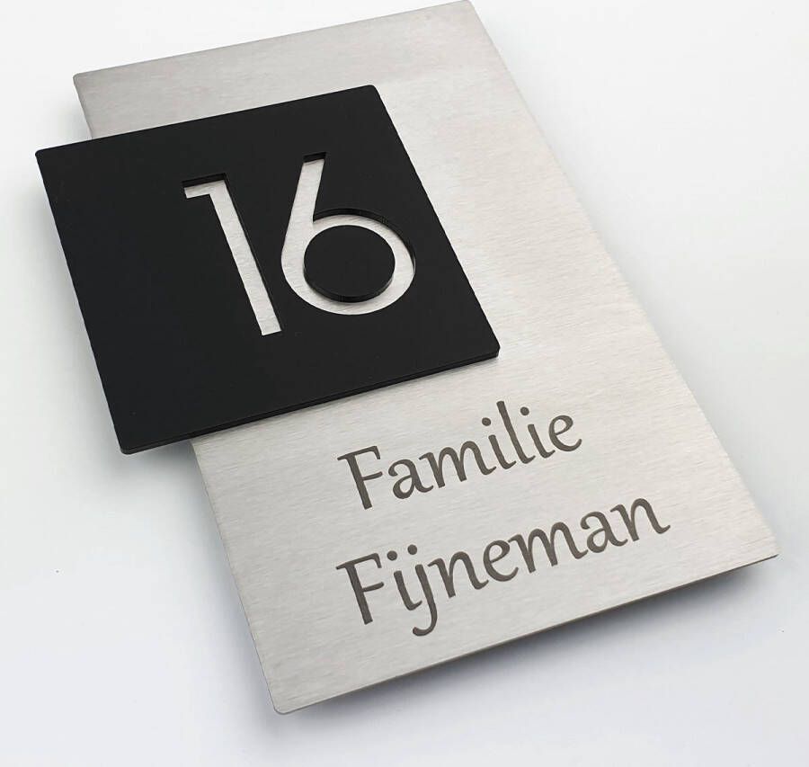 Kirinify RVS Naambord met mat zwart huisnummer 15x20cm met blinde bevestiging Zelf ontwerpen