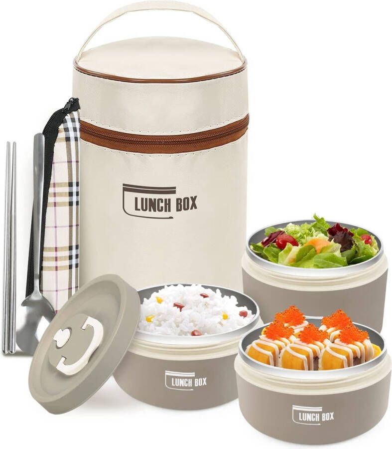 Kiseely Lunchbox met zak lekvrije voedselcontainer met keukengerei 304 thermische voedseldoos van roestvrij staal magnetron- vriezerbestendig (3 lunchboxen bruin)