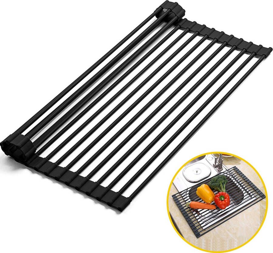 Kitch&Life Afdruiprek oprolbaar Mat Zwart Pannenonderzetter Afdruipmat Keukenrek 3-in-1