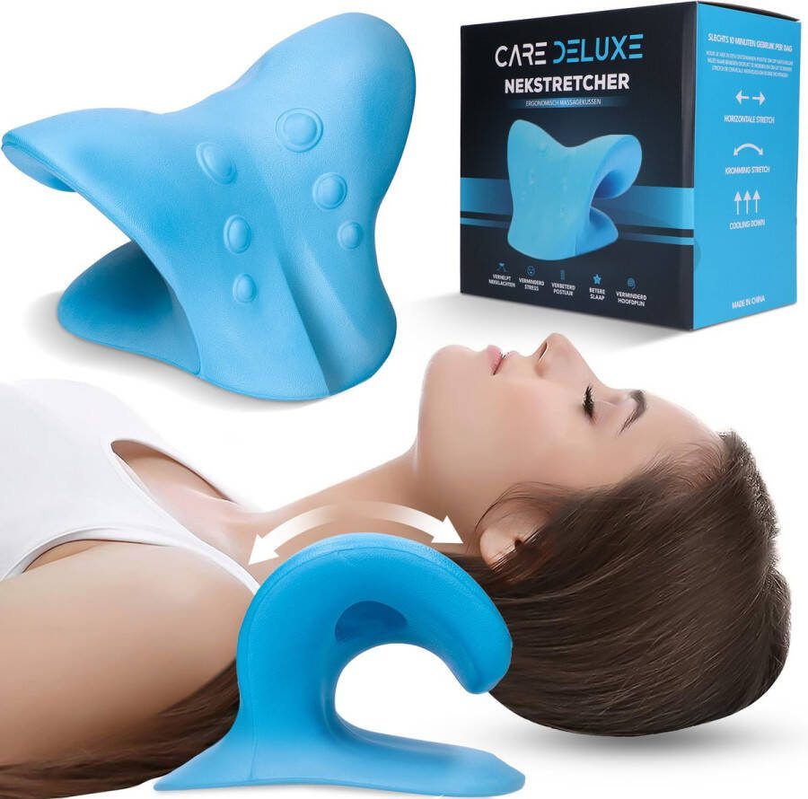 CAREDELUXE Care Deluxe Nekstretcher incl. Gezonde Houding Gids Massagekussen Nekmassage apparaat- Neck releaser Rugstretcher- Nekstretcher chiropractor Nek tractie apparaat Nekkussen Reiskussen Blauw