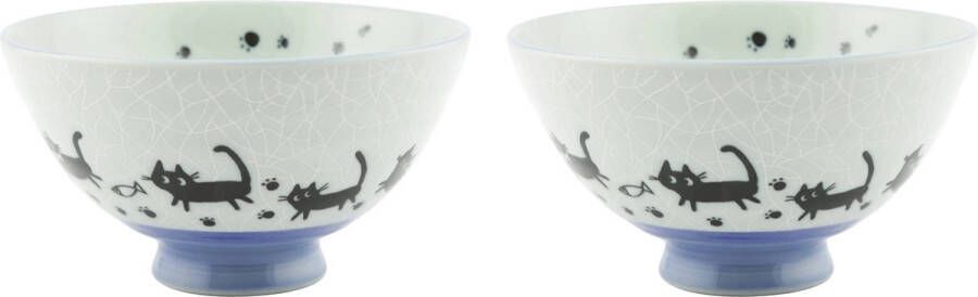 Kitchen trend Japans rijstkommetje zwarte kat 12 5 x 7 cm set van 2 kommen