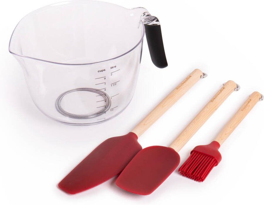KitchenAid 4-delige bakset met berkenhouten en siliconen bakkwast lepel mixerspatel en 2l transparante maatkom met handvat