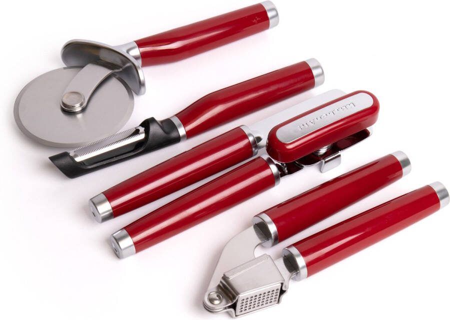 KitchenAid 4-delige Empire Red keukenhulpjes-set met multifunctionele blikopener pizzawiel knoflookpers en dunschiller
