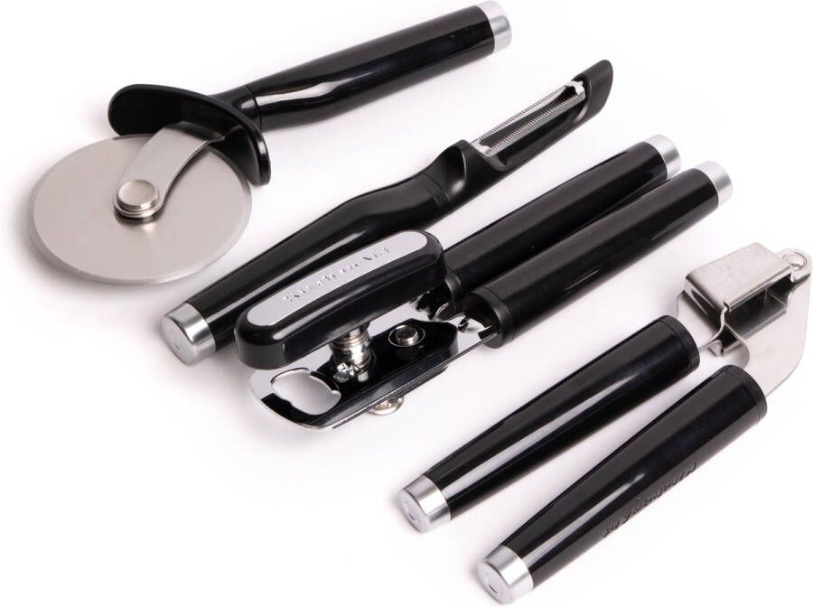 KitchenAid 4-delige Onyx Black Utensil Set met multifunctionele blikopener pizzawiel knoflookpers en dunschiller