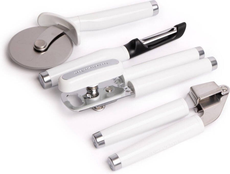 KitchenAid 4-delige witte klassieke keukenhulpset met pizzawiel multifunctionele blikopener knoflookpers en dunschiller