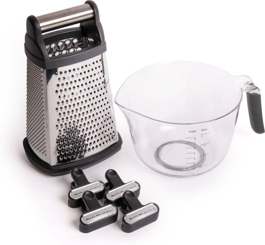KitchenAid 6-delige keukenhulpset met roestvrijstalen universele doosrasp transparante maatbeker met handvat & 4x onyx zwarte tasklemmen