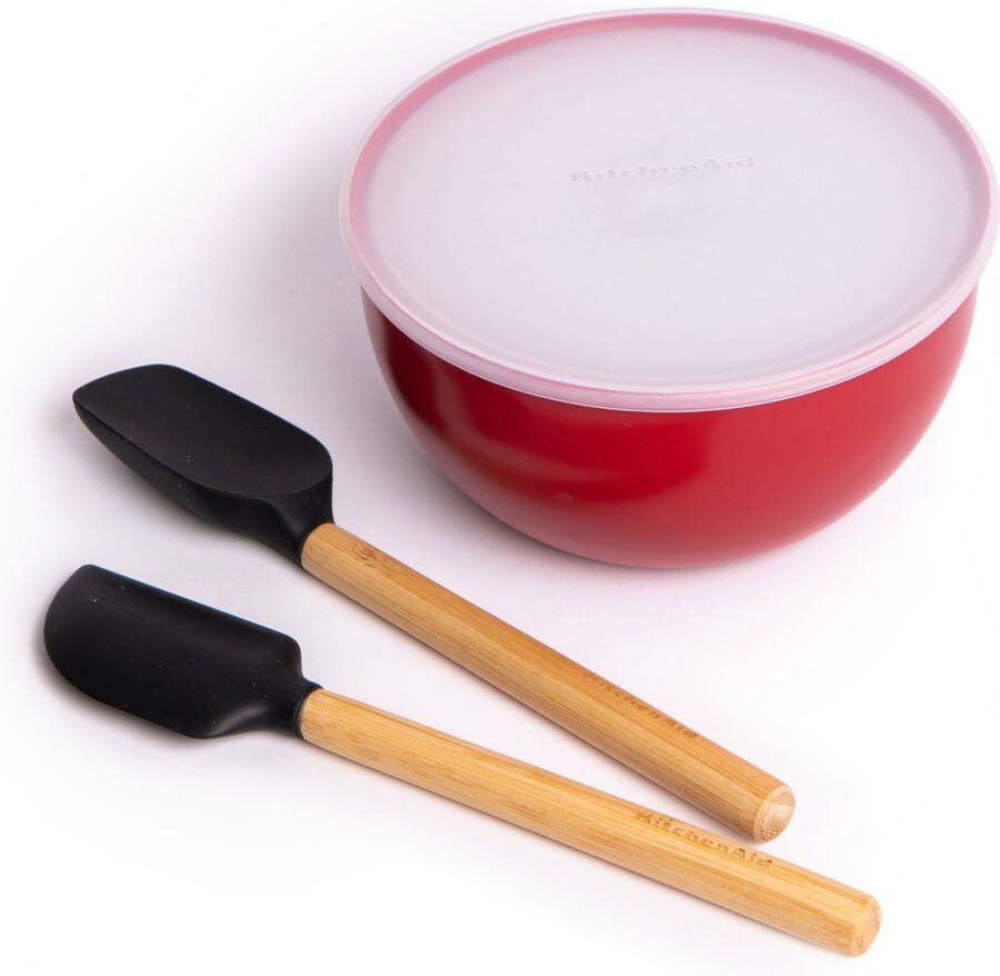 KitchenAid 6-delige keukenset met 2x mini bamboe- en siliconenspatels en 4x nestbare rode maaltijdkommen met deksels