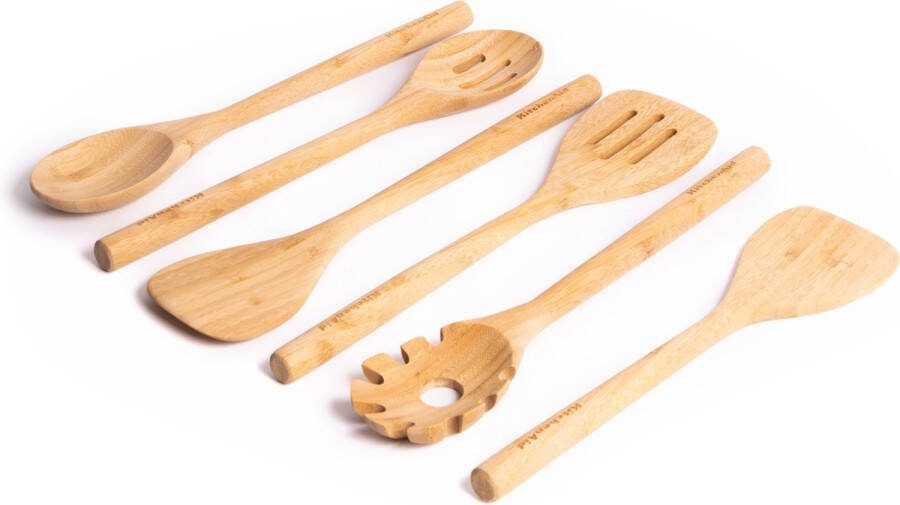 KitchenAid 6-delige milieuvriendelijke bamboe keukengerei set met gietlepel schuimspaan spatel schuimspaan korte spatel & pastaschep