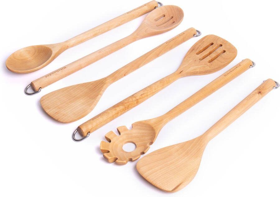 KitchenAid 6-delige milieuvriendelijke berkenhouten bestekset met gietlepel schuimspaan korte draaier schuimspaan stevige draaier & pastaschep