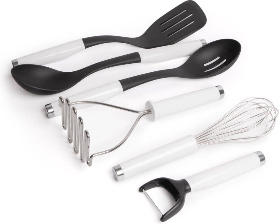 KitchenAid 6-delige witte klassieke keukenhulpen-set met schuimspaan gietlepel pureerlepel schuimspaan garde en dunschiller
