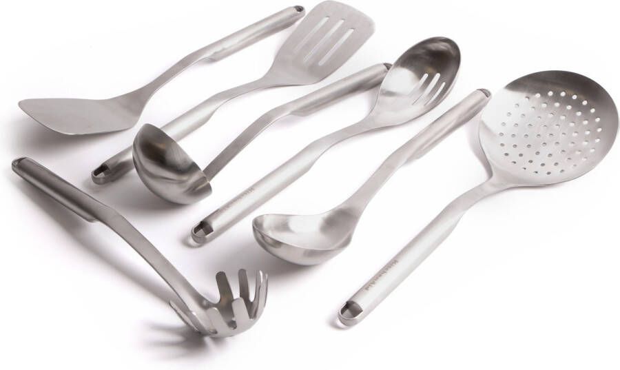 KitchenAid 7-delige roestvrijstalen pannenset met schuimspaan en spatel kooklepel pollepel pastaschep zeef en vissnijder