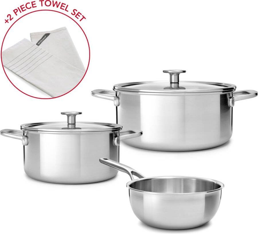 KitchenAid Multi-ply 3 delige kookpannenset met gratis keukendoeken