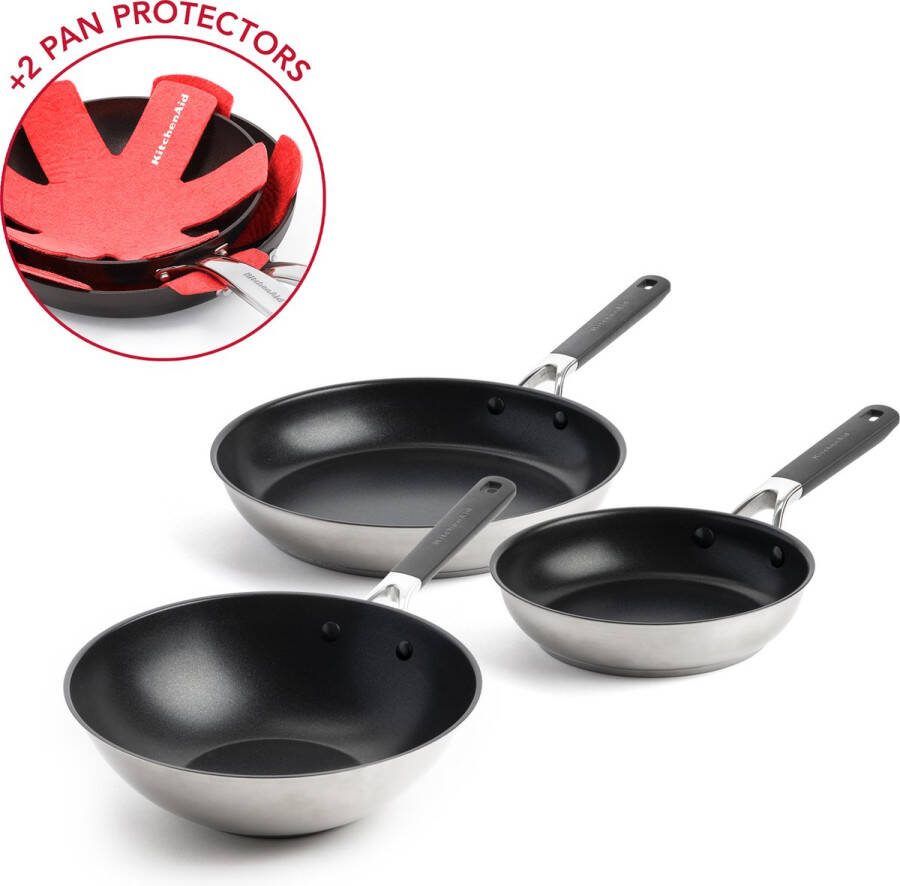 KitchenAid Stainless Steel koekenpannenset 3-delig �20+28+28cm RVS inductie met gratis pannenbeschermers