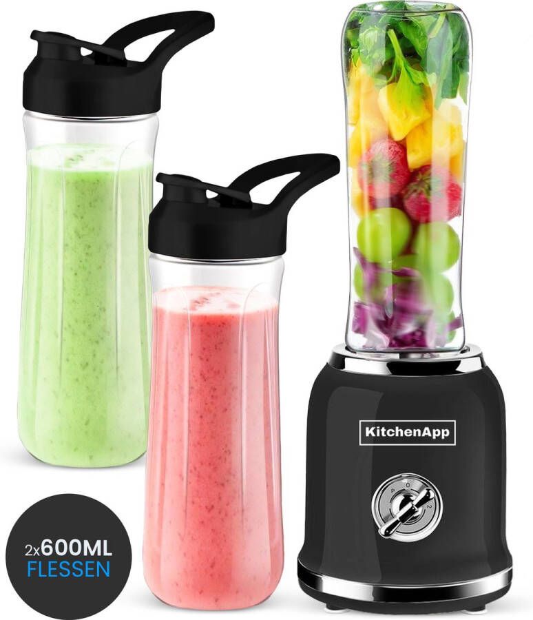 KitchenApp Blender to go Retro blender Smoothie maker Inclusief twee bekers en meerdere accessoires Zwart