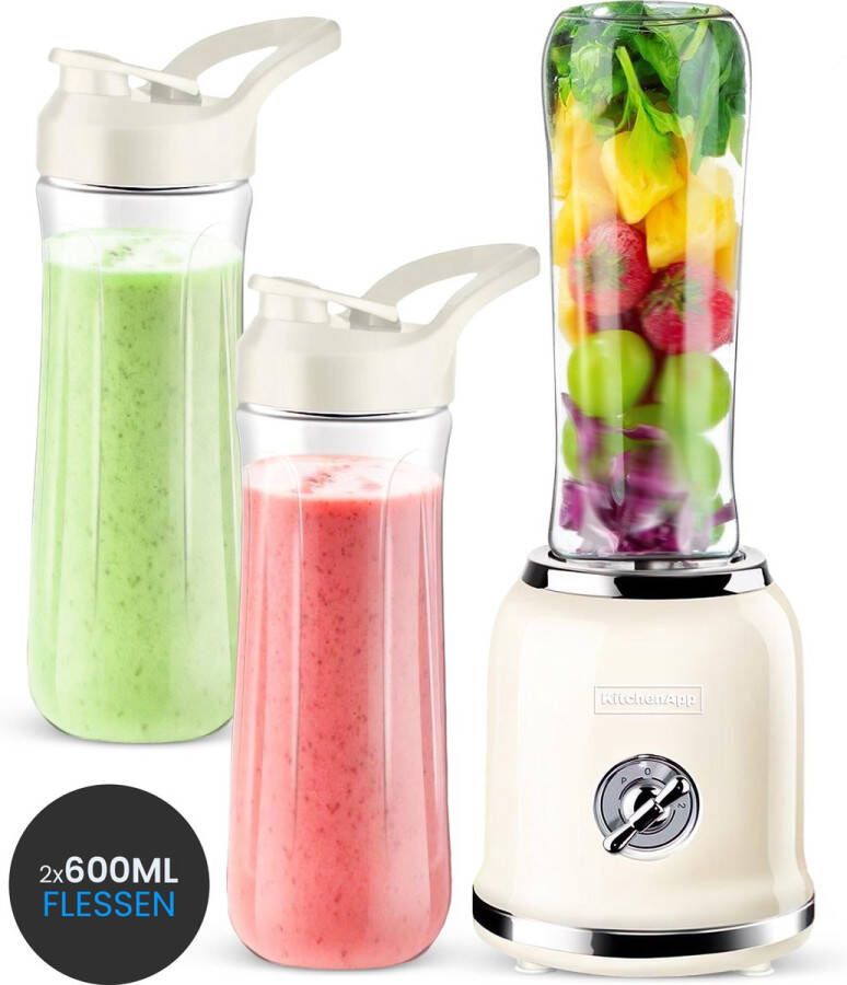 KitchenApp Blender to go Retro blender Smoothie maker Inclusief twee bekers en meerdere accessoires Beige