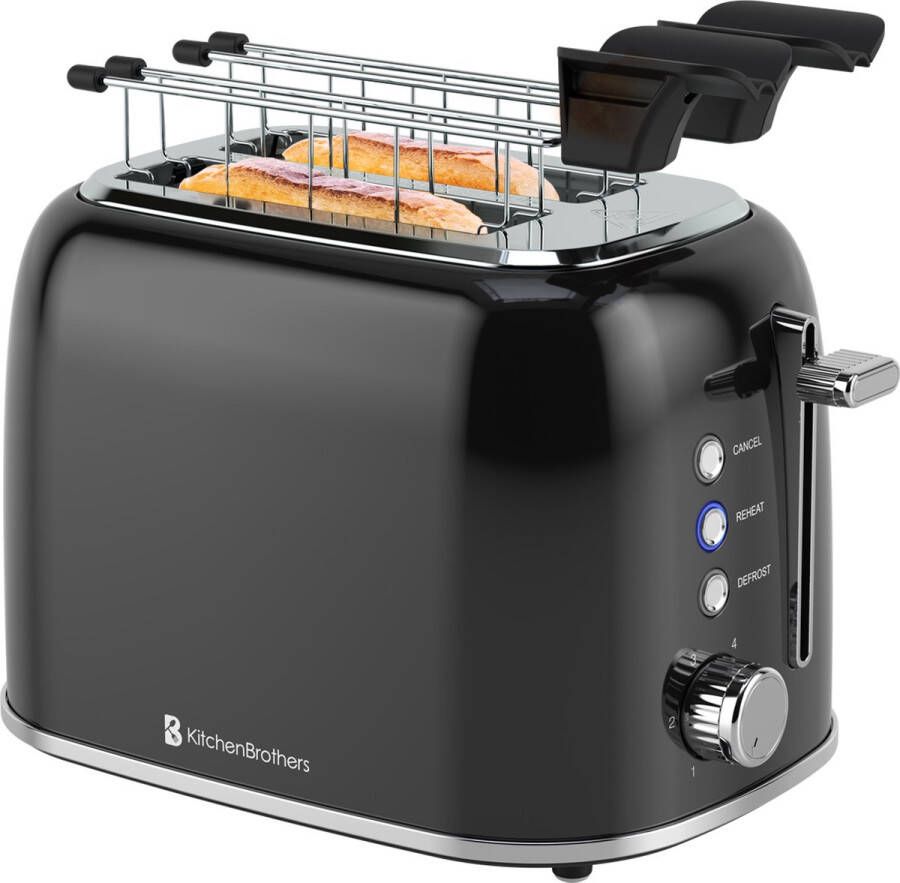 KitchenBrothers Broodrooster met Tostiklemmen Toaster 6 Warmteniveaus Brede Sleuven Reheat en Ontdooi-functie 870W Zwart