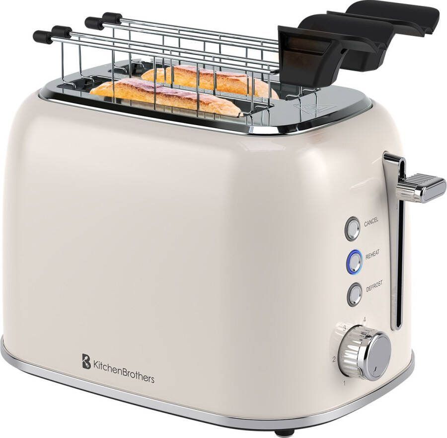 KitchenBrothers Broodrooster met Tostiklemmen Toaster 6 Warmteniveaus Brede Sleuven Reheat en Ontdooi-functie 870W Beige