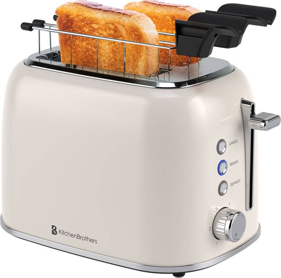 KitchenBrothers Broodrooster met Tostiklemmen Toaster 6 Warmteniveaus Brede Sleuven Reheat en Ontdooi-functie 870W Beige