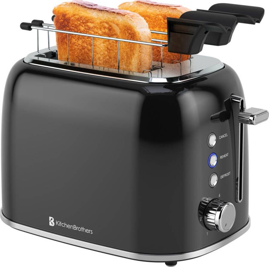 KitchenBrothers Broodrooster met Tostiklemmen Toaster 6 Warmteniveaus Brede Sleuven Reheat en Ontdooi-functie 870W Zwart