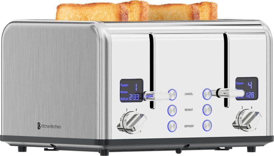 KitchenBrothers Broodrooster Toaster 6 Warmteniveaus 4 Sneden 4 Extra Brede Sleuven 1630W RVS Zilver