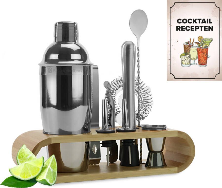 KitchenBrothers Cocktail Set met Cocktailshaker 11 Delig Complete Set Cadeauverpakking Donkerbruin Bamboe