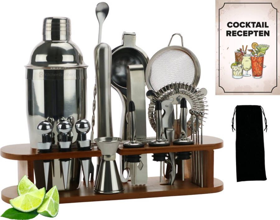 KitchenBrothers Cocktail Set met Cocktailshaker 25 Delig Luxe Set Cadeauverpakking Donkerbruin Bamboe