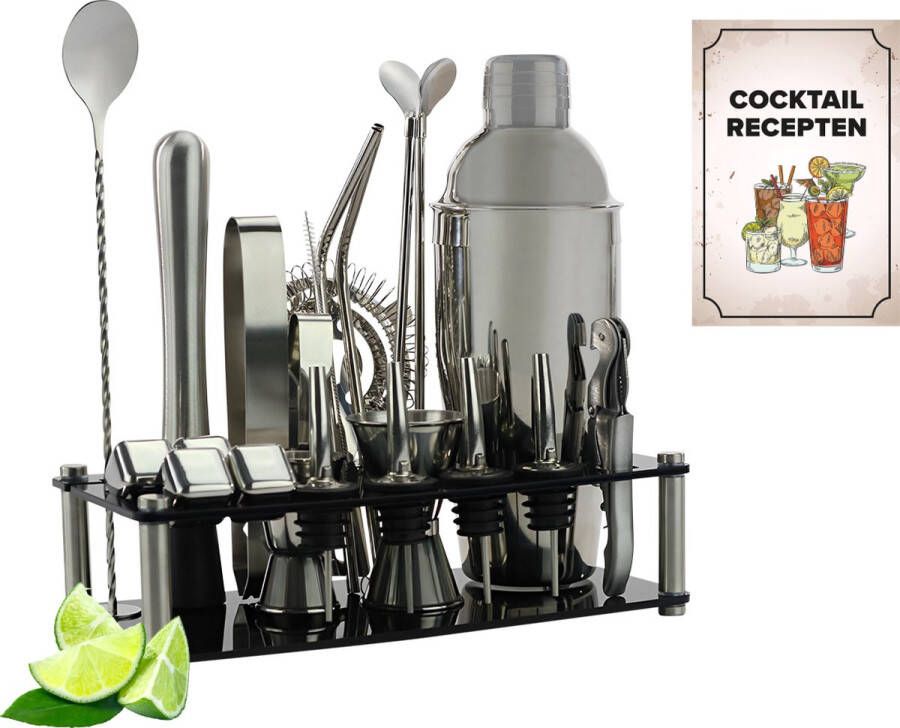 KitchenBrothers Cocktail Shaker Set 24 Delig Complete Set Cadeauverpakking en Receptenboek 750 ml RVS