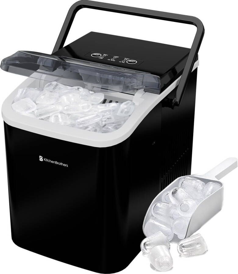 KitchenBrothers IJsblokjesmachine 1.5L IJsblokjesmaker – 12kg 24 uur Draagbaar Zelfreinigingsfunctie Zwart