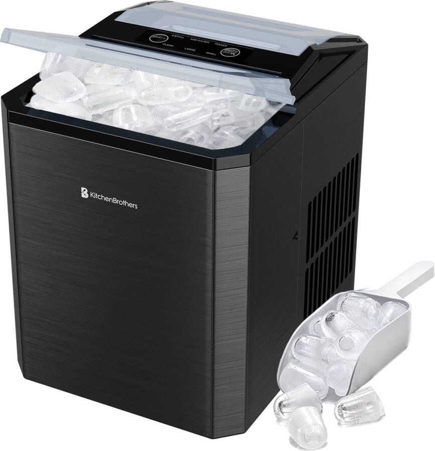 KitchenBrothers IJsblokjesmachine 1L Easy Clean + Zelfreinigingsfunctie IJsblokjesmaker – 12kg 24 uur Gunmetal RVS