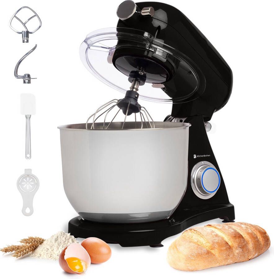 KitchenBrothers Keukenmachine 1800W 6L RVS Mengkom Complete Mixer-set met Garde Deeghaak Menghaak Pannenlikker Deegschraper Eierscheider Zwart