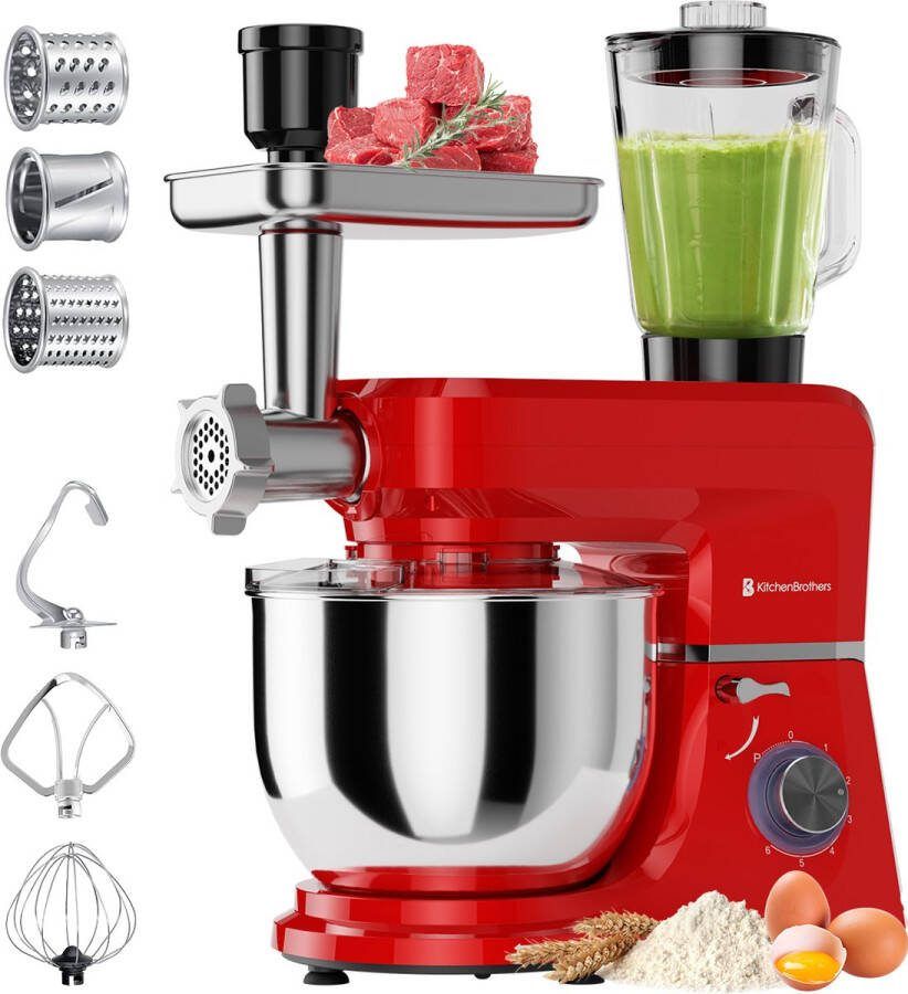 KitchenBrothers Keukenmachine Complete Set 15 Accessoires Keukenrobot 6L Keukenmixer 1500W Rood